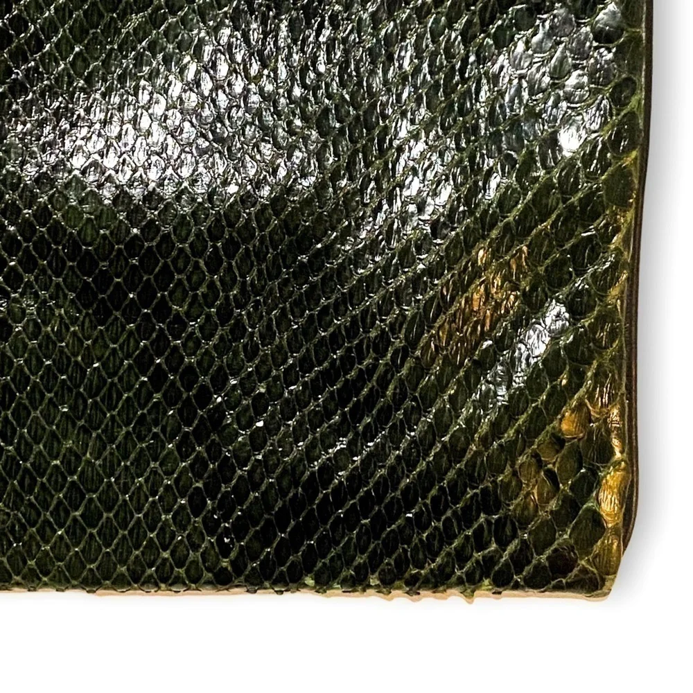 Vintage Snake leather clutch bag, green/black snake‎ with black piping